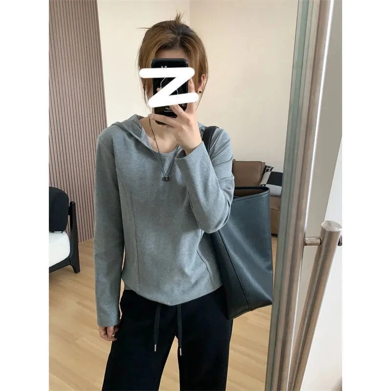 连帽卫衣打底衫女春秋季大码松弛感宽松显瘦长袖t恤鱼骨正肩上衣