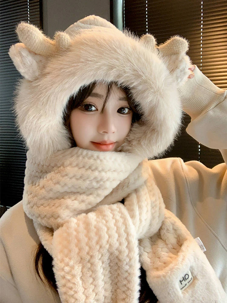 鹿角帽子秋冬季百搭女可爱毛绒围巾手套连帽保暖围脖一体三件套厚