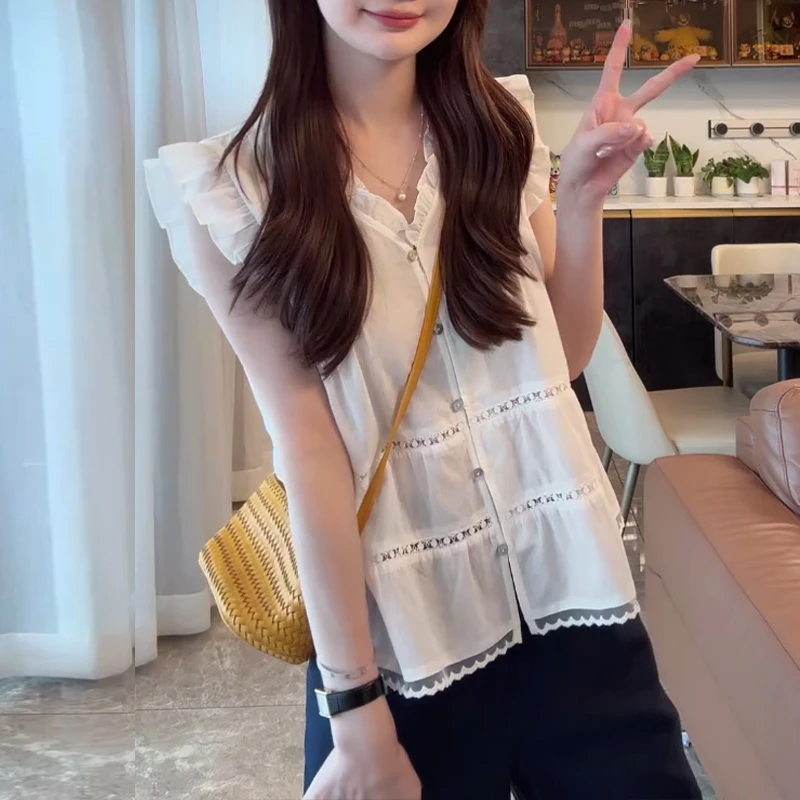 木耳花边褶皱拼接小众女装衬衫2025年夏季新款洋气减龄高级感上衣