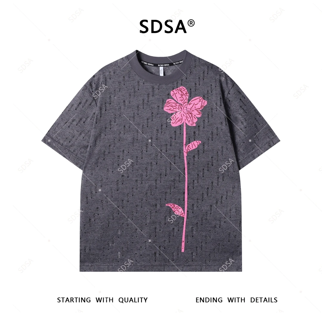 SDSA夏季新款男士痞帅潮牌镂空撞色印花圆领短袖T恤小众设计上衣