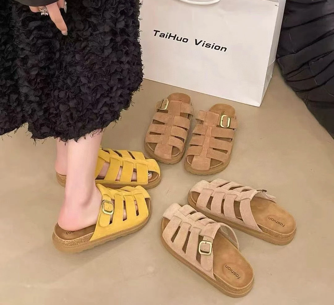 ins复古舒适时尚韩版百搭网红休闲罗马包头平底拖鞋夏季5860-1