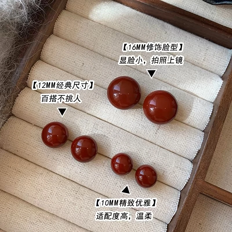 黄铜仿珍珠耳饰 简约红色馒头珍珠耳钉扁圆小巧气质百搭复古耳环