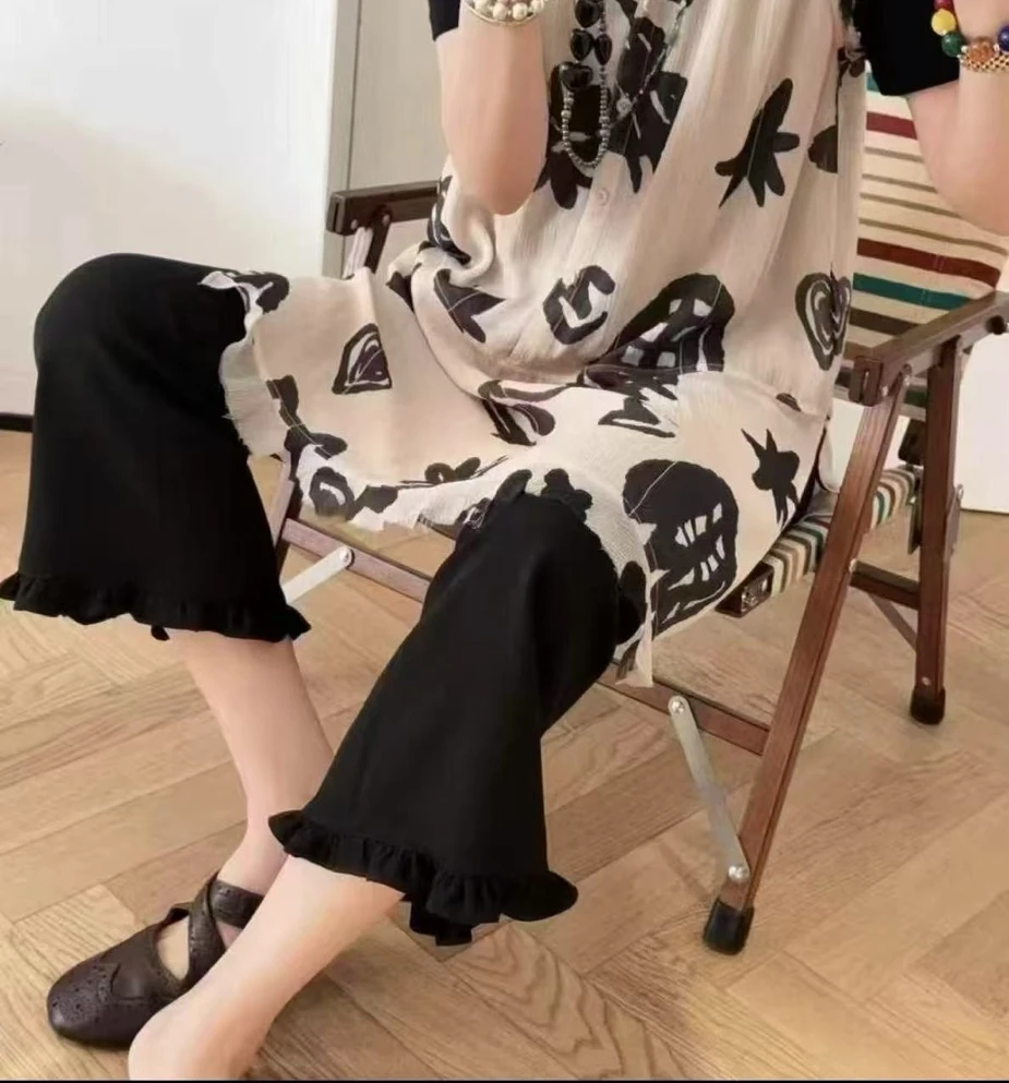 【SFF严选】以十七25夏款醋酸木耳边八分微喇裤时尚百搭0742