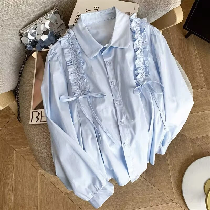 2025韩版宽松蓝色气质复古刺绣宽松衬衣上衣春季长袖BE衬衫甜美