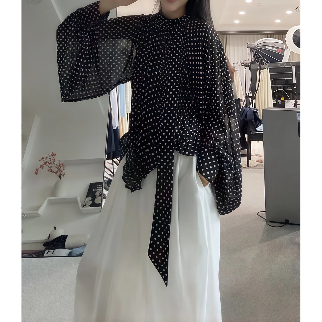 【小小辣定制】高级感百搭雪纺衫女洋气时髦绑带蝙蝠袖衬衫潮8126