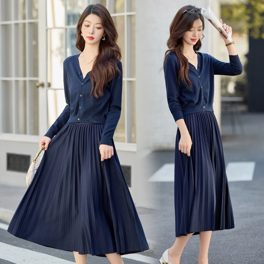 韩版针织开衫套装裙女2025年秋装新款高级感时尚百褶半身裙两件套