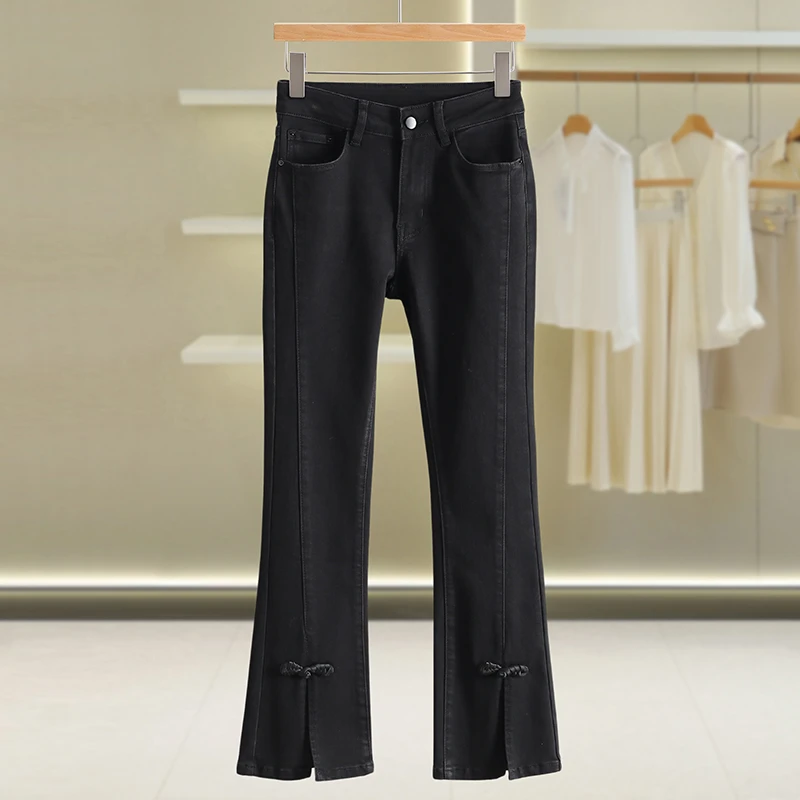 【伍莎-自营】新中式盘扣开叉喇叭裤显瘦牛仔裤#ZML55Z004