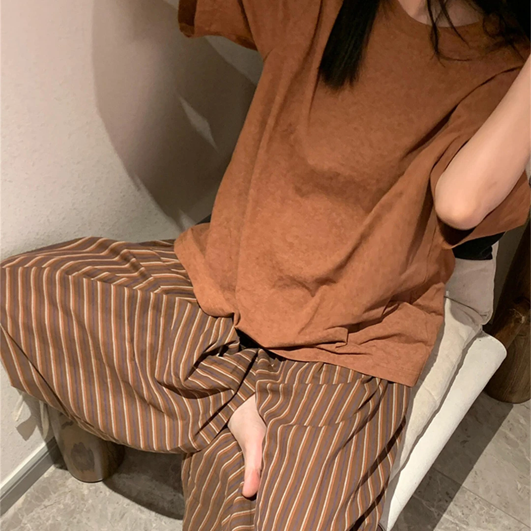 【简约纯色】韩版复古慵懒风睡衣女春夏天新款条纹套装大码家居服女