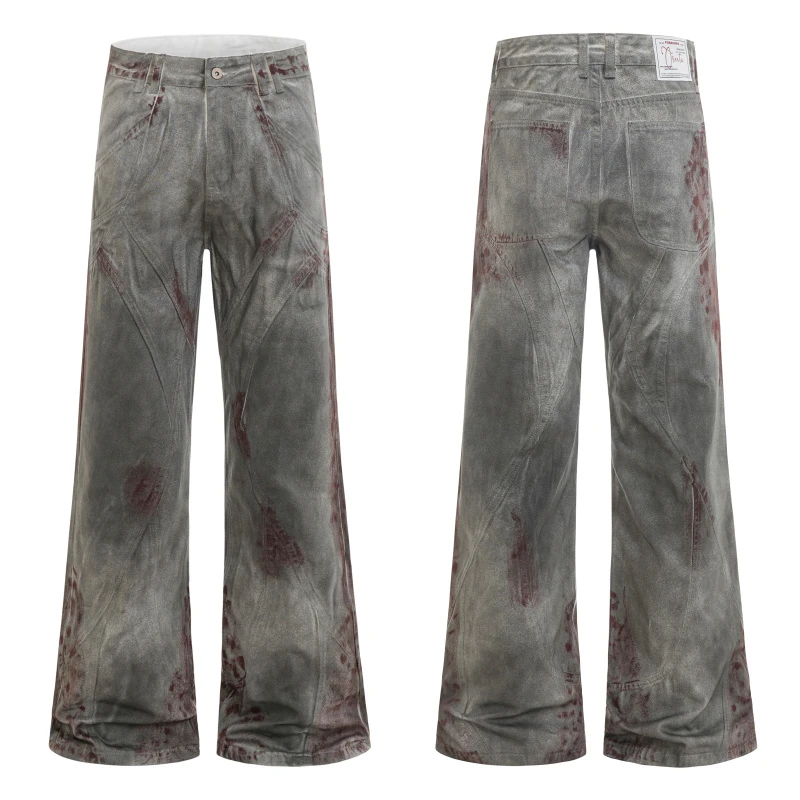欧美高街复古做旧手擦涂鸦泼墨扎染脏色水洗微喇叭牛仔裤阔脚长裤