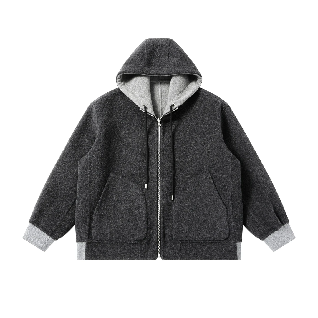 LX私定双面穿连帽双面尼外套秋冬拉链宽松格雷系连帽外套时尚