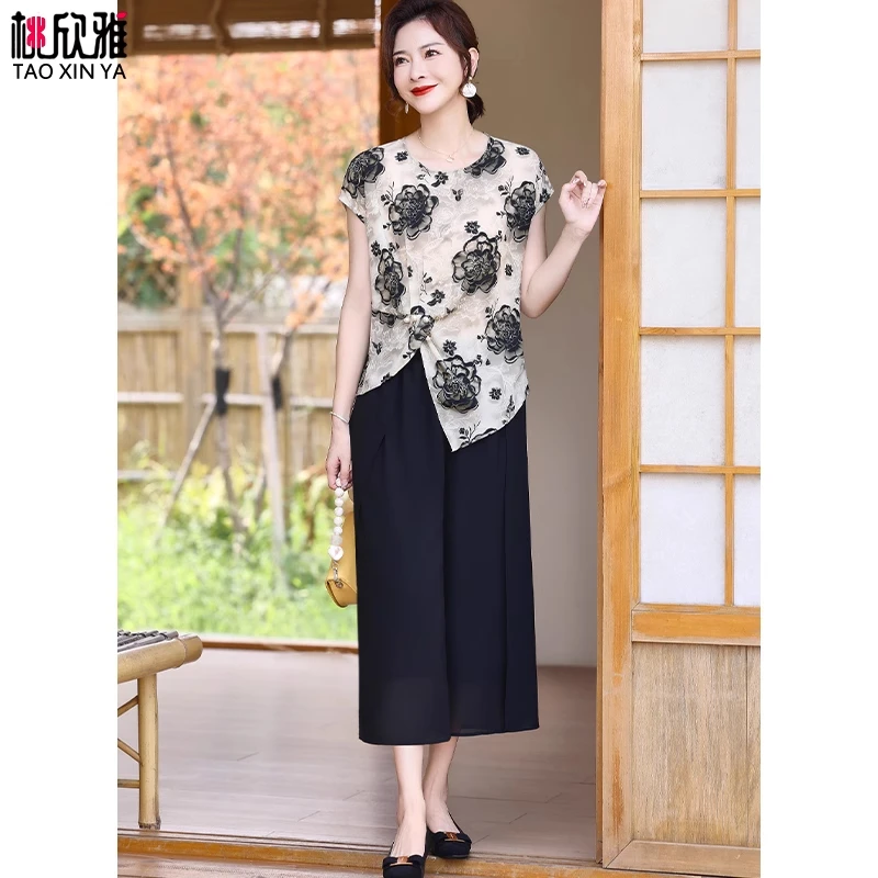 妈妈夏装端庄大气套装2025新款中老年人女装夏季短袖t恤小衫上衣