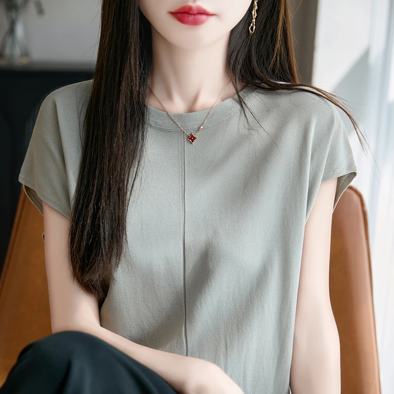 胖mm大码夏季桑蚕丝薄款宽松纯色冰丝短袖T恤女显瘦舒适针织上衣