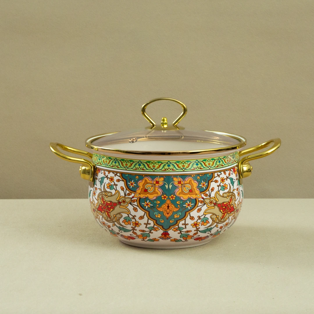 20cm【俄罗斯】搪瓷珐琅汤锅金边玻璃盖电磁炉明火通用