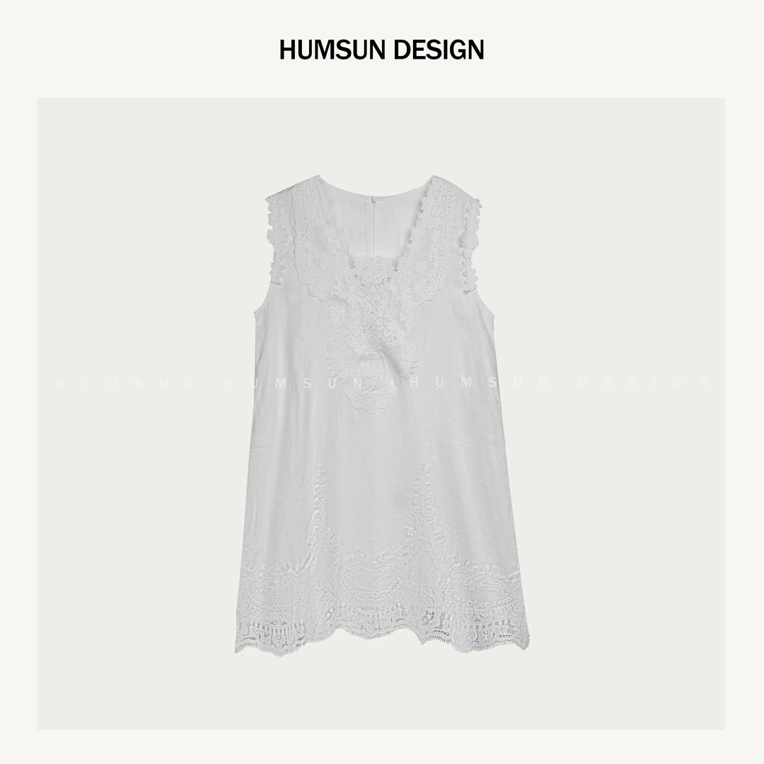 HUMSUN/禾木笙「古堡花园」百万针重工镂空刺绣亚麻料背心裙 5A551
