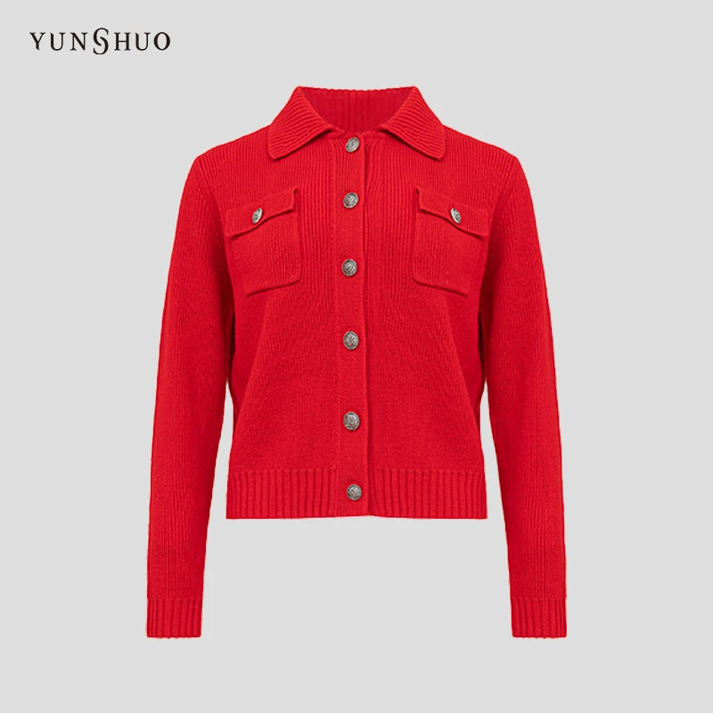 允硕新年战袍开运穿搭针织衫女秋冬新款时尚翻领毛开衫729228