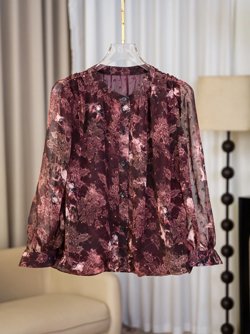 时尚气质优雅薄款减龄印花真丝衬衫