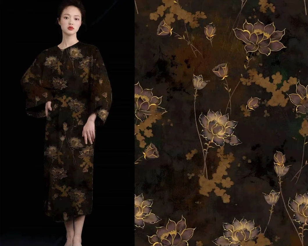 【黑金荷花】花萝香云纱布料