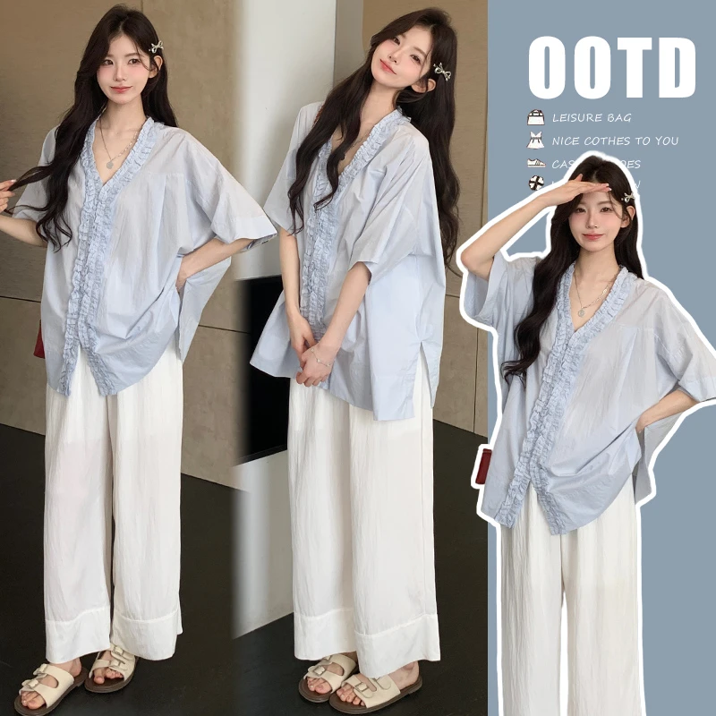 孕妇装夏装时尚木耳边娃娃上衣夏季2025新款薄款猪鼻扣阔腿裤夏天