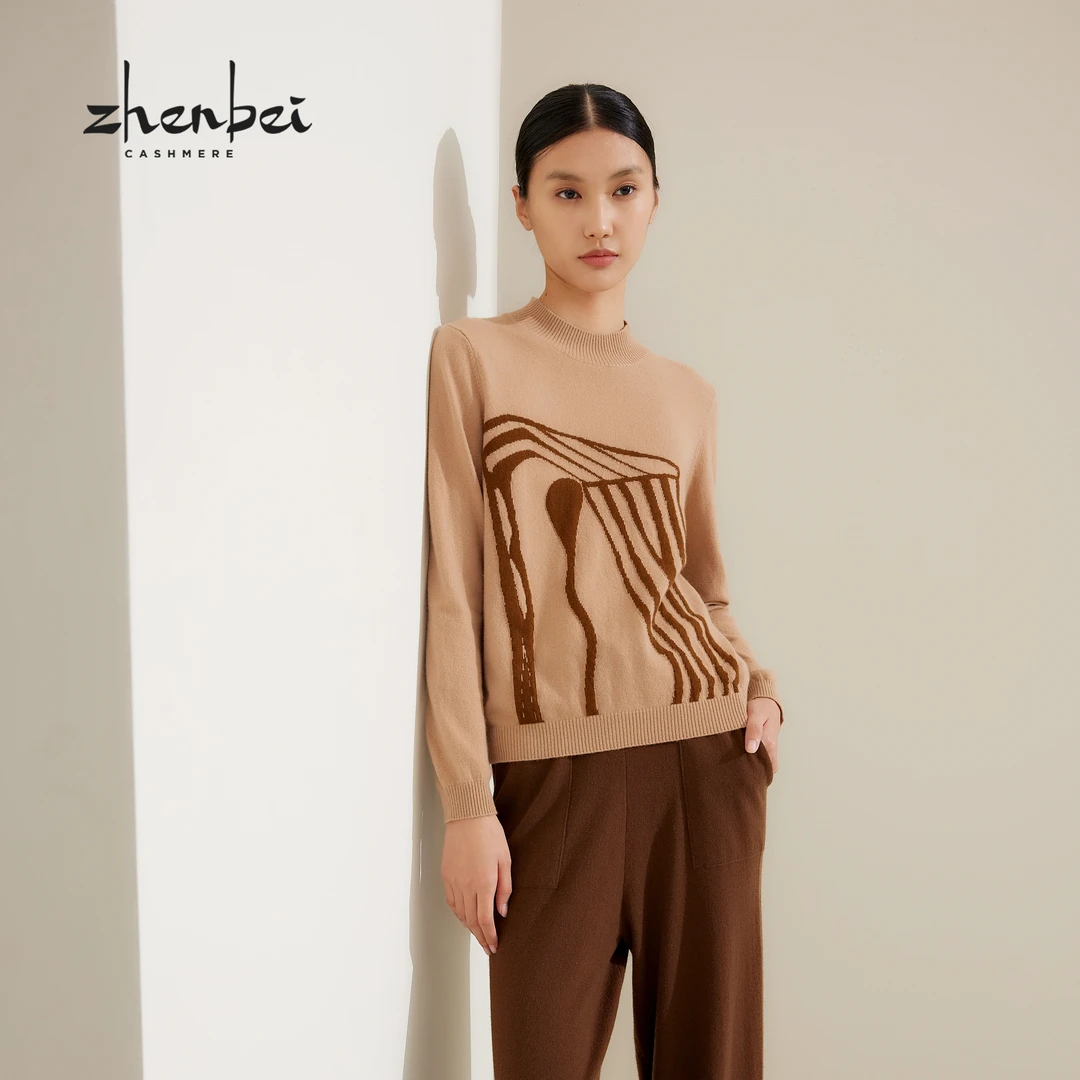 ZB/珍贝商场同款新品浅驼色高支纱半高领嵌花羊绒女衫/56175