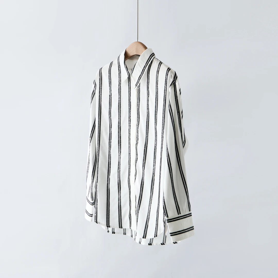 【YS11577】25早秋新款12姆米桑蚕丝棉手工亮片刺绣宽松条纹衬衫女