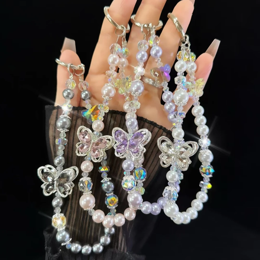 立体合金水钻双层蝴蝶暗黑风手机链条短款手机绳子新款钥匙链挂饰