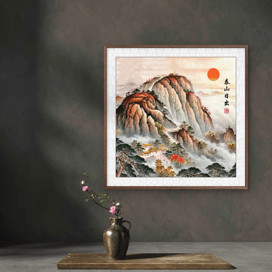 8766-泰山日出-50-50中式装饰画木框玄关书房茶室客厅挂画