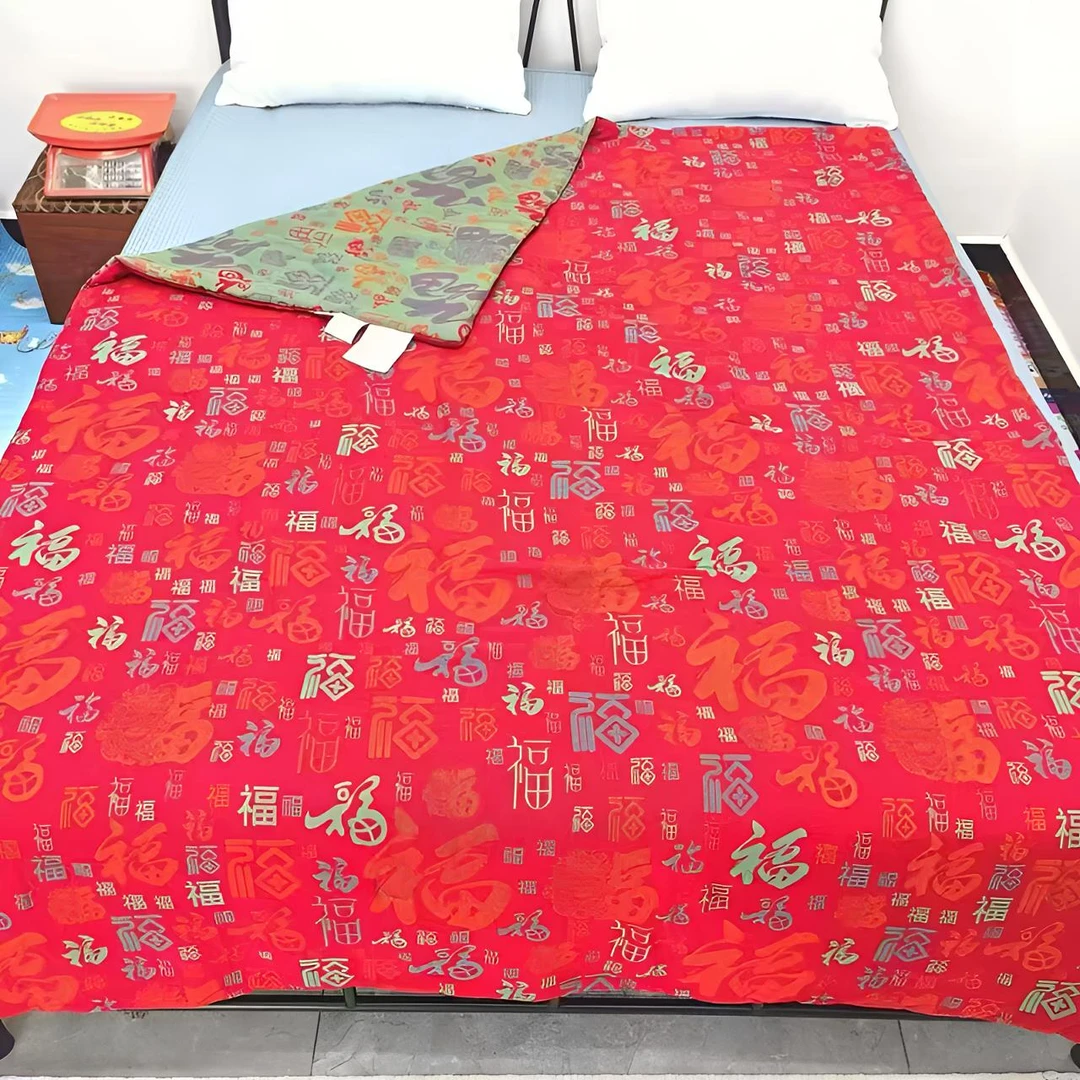 纯棉纱布透气成人双面百福春秋被被子
