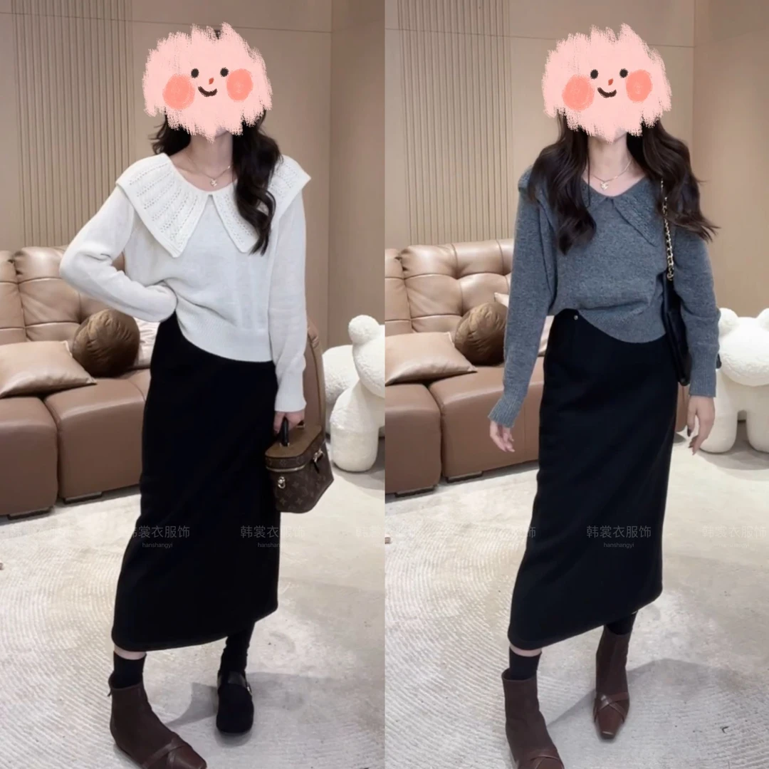 秋季新款时尚钩花设计感大翻领修身上衣高腰半身裙两件套
