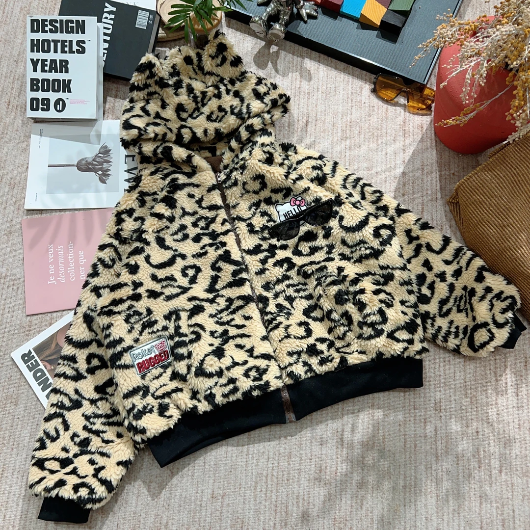 2025冬季新款宽松休闲豹纹连帽长袖外套1649