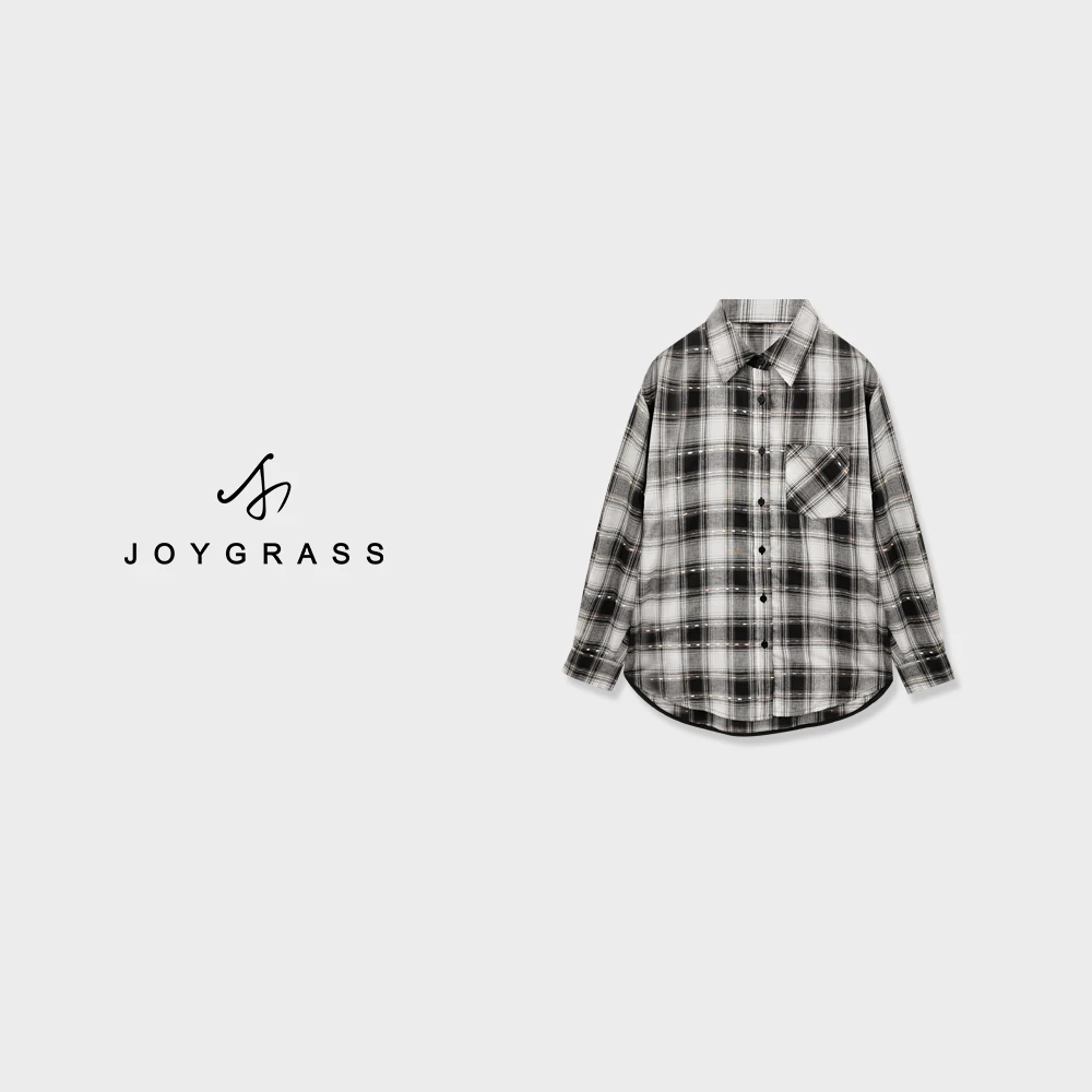 JOYGRASS(乔伊)时尚百搭长袖格纹女款蓝色格子衬衫C-05231