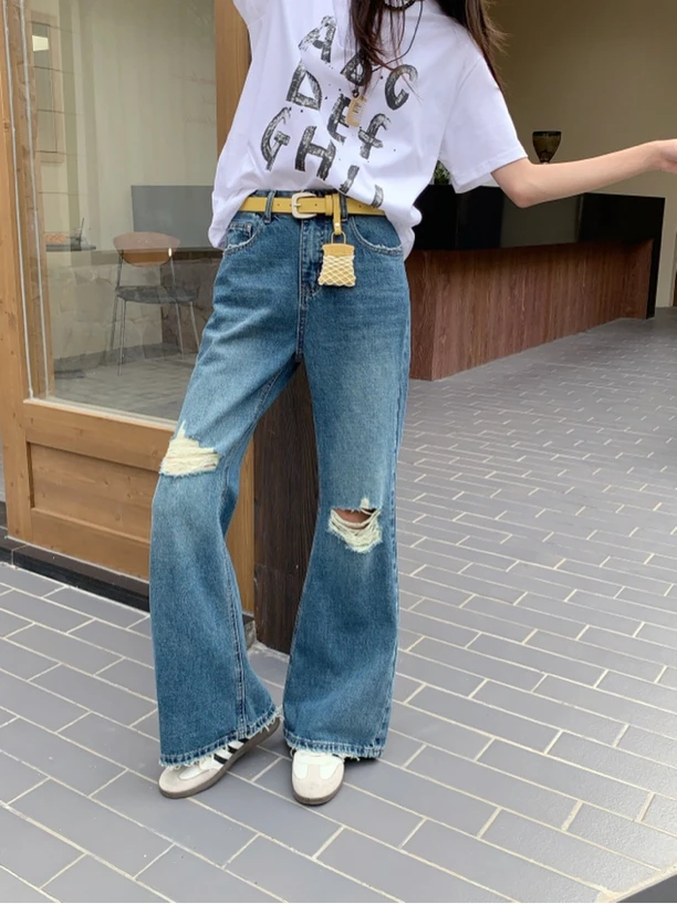 【BAI】夏季新款宽松显瘦洋气破洞高腰阔腿微喇牛仔裤女217