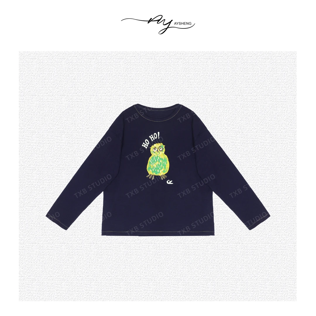 TXB “猫头鹰”100%定制舒适棉重工水洗圆领长袖印花T恤XB-7121
