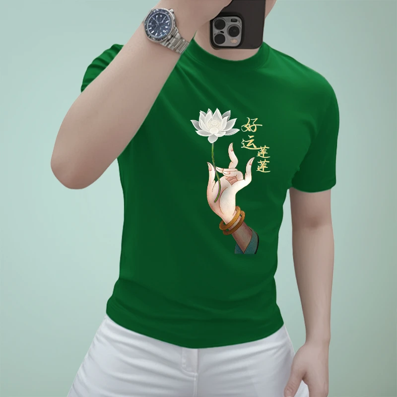 夏季潮流手持莲花好运莲莲图案时尚圆领男士纯棉短袖T恤休闲t恤男