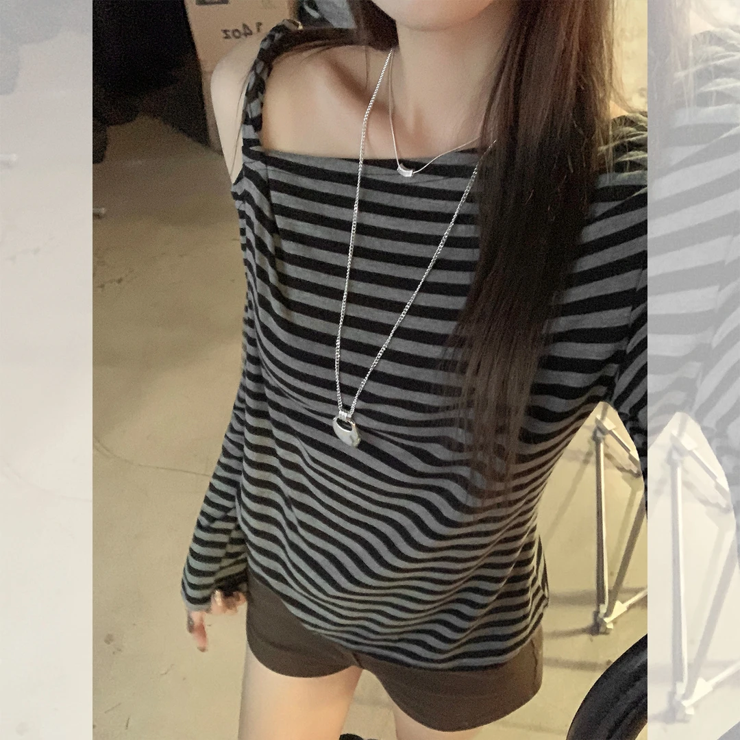 显瘦长袖短款宽松条纹露肩设计感小众韩版时尚百搭薄款打底衫内搭