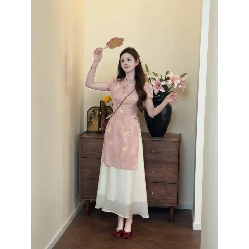 【小蜻蜓】蜻蜓印花新中式旗袍2025夏新品假两件连衣裙子