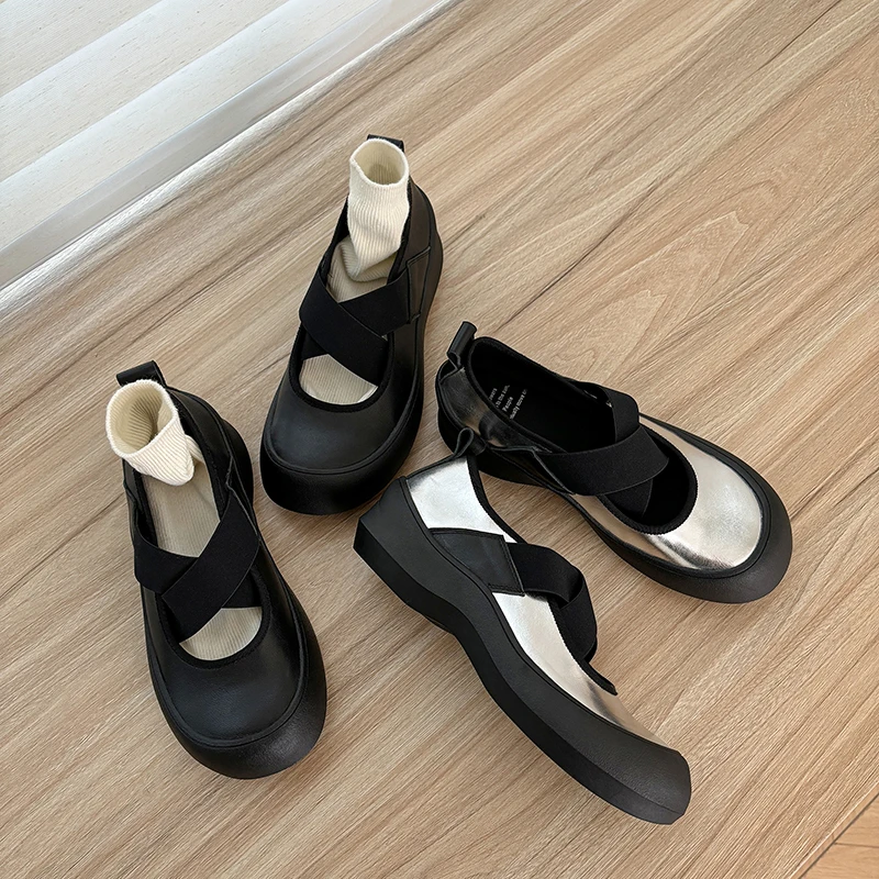 羊皮版~真皮交叉带厚底芭蕾舞鞋女黑色爆款圆头单鞋百搭玛丽珍鞋