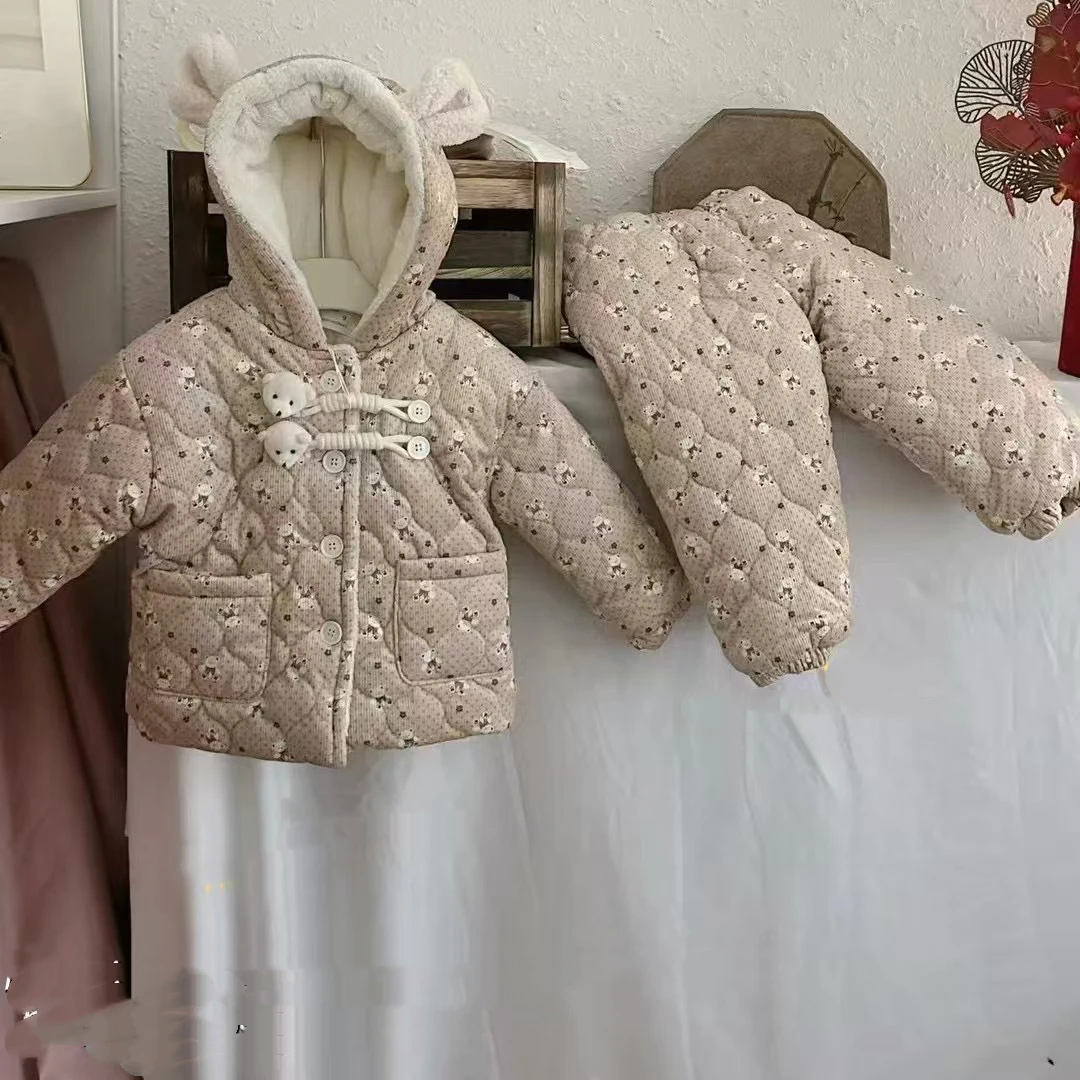 【现货】儿童小熊印花加绒巨厚实连帽家居服套装