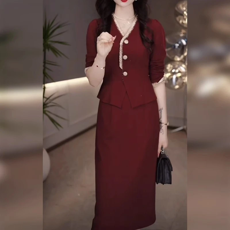 勇华纯色连衣裙女秋装2025年新款显瘦减龄轻熟风简约过膝a字裙