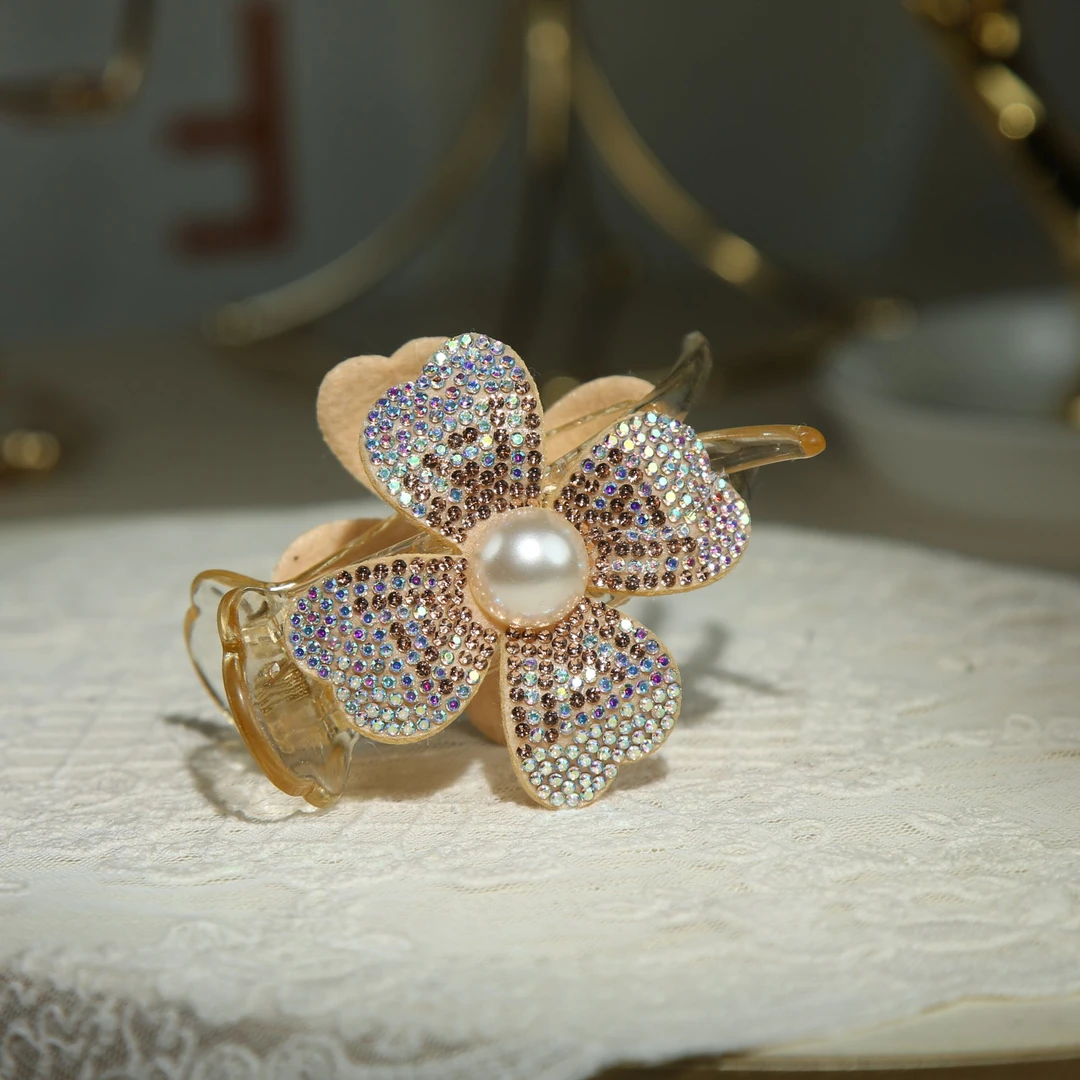 香槟色四叶草大抓夹手工气质轻奢时尚精致优雅满钻镶钻112