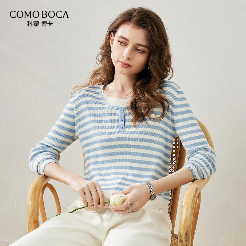 COMOBOCA/科蒙·博卡时尚百搭套头条纹休闲圆领桑蚕丝套衫KST1217
