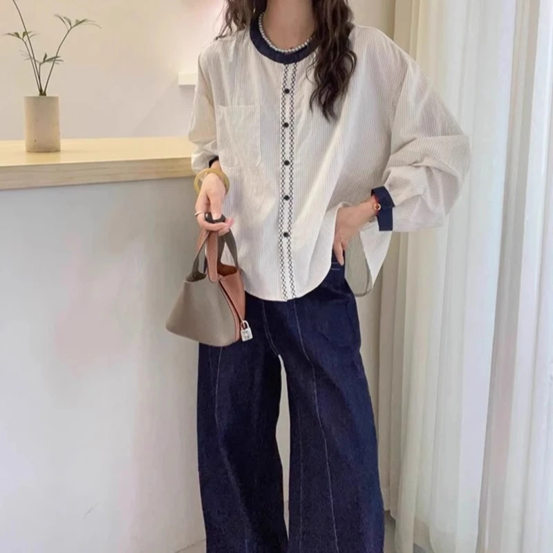 宽松撞色竖条纹圆领衬衫女2025年早秋新款欧货女装时尚洋气上衣潮