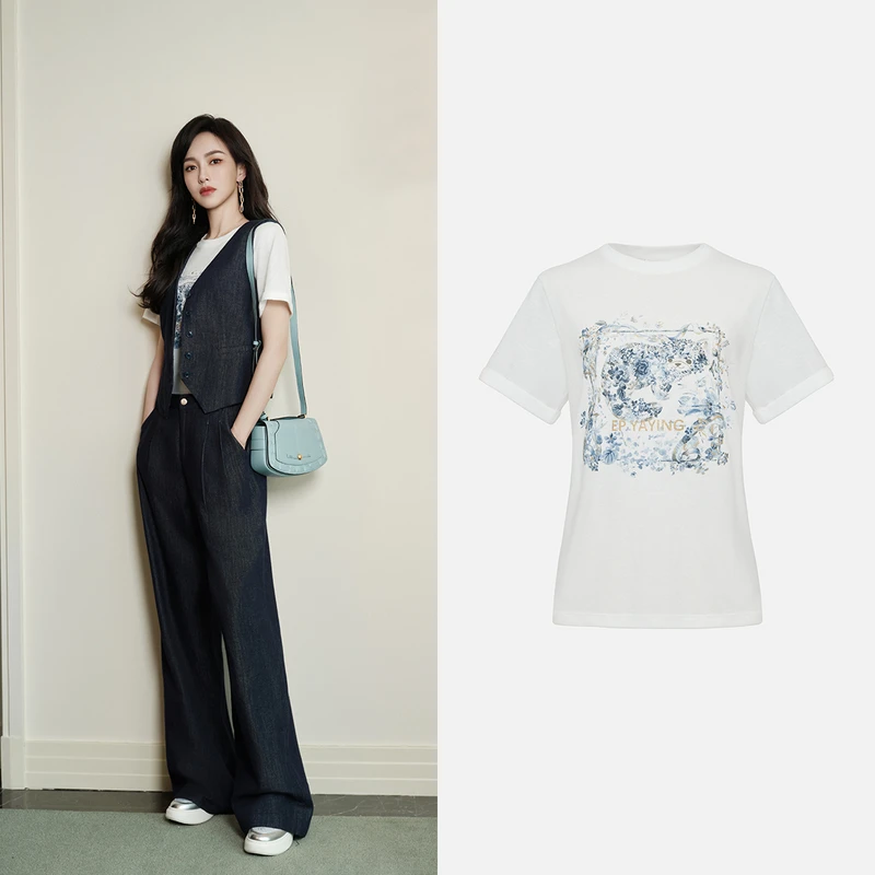 [唐嫣同款]EP雅莹2025新款圆领正肩印花休闲短袖T恤上衣5309A