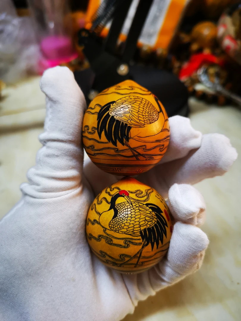 雅青阁葫芦鸡蛋对子两个葫芦4只鹤手工针刺微雕墨刻鸡蛋葫芦把件