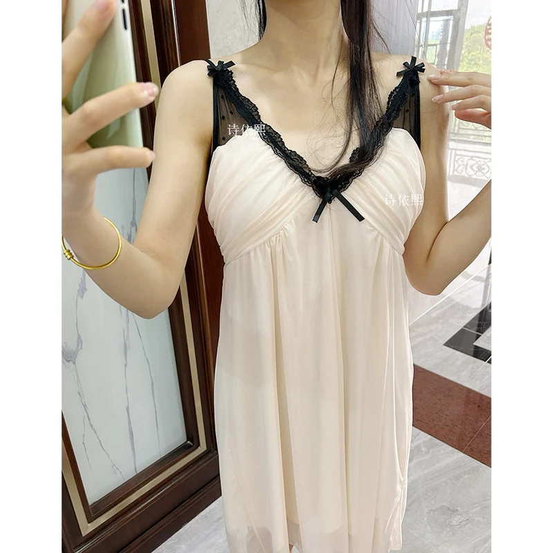 2025新款性感吊带V领睡裙女夏季蕾丝纯欲风睡衣带胸垫家居服夏天
