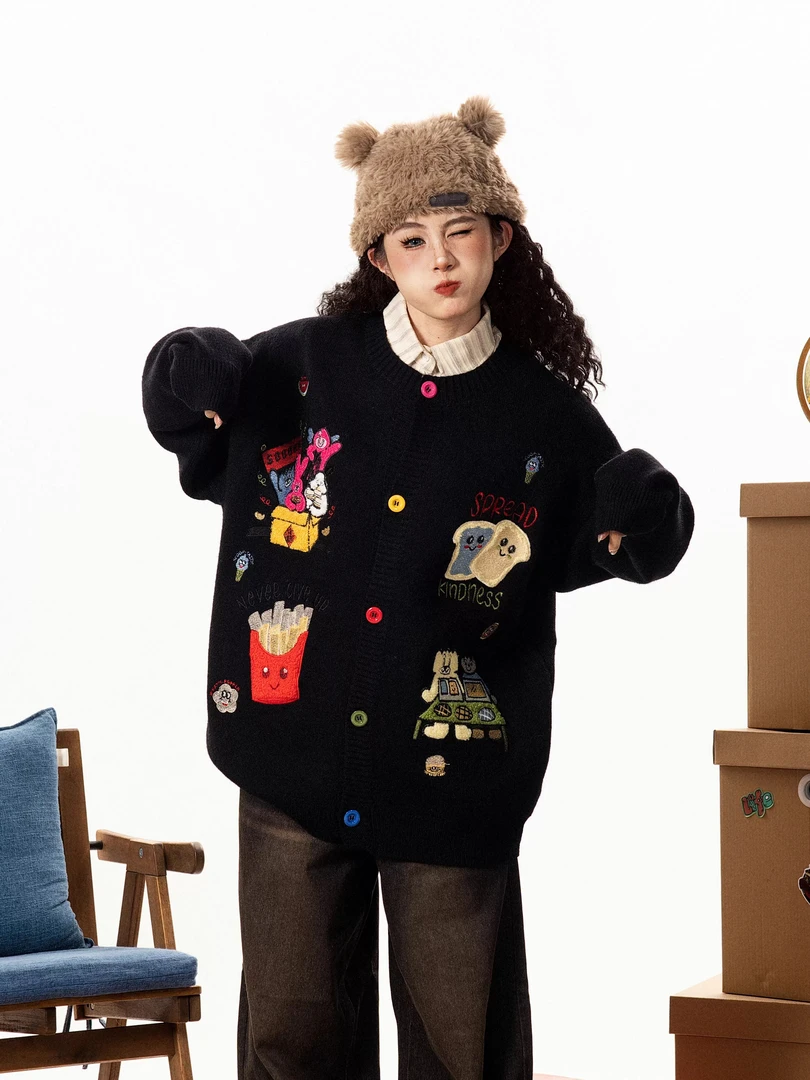 A1MP美式复古百搭卡通针织外套女春秋新款学院风宽松慵懒毛衣开衫
