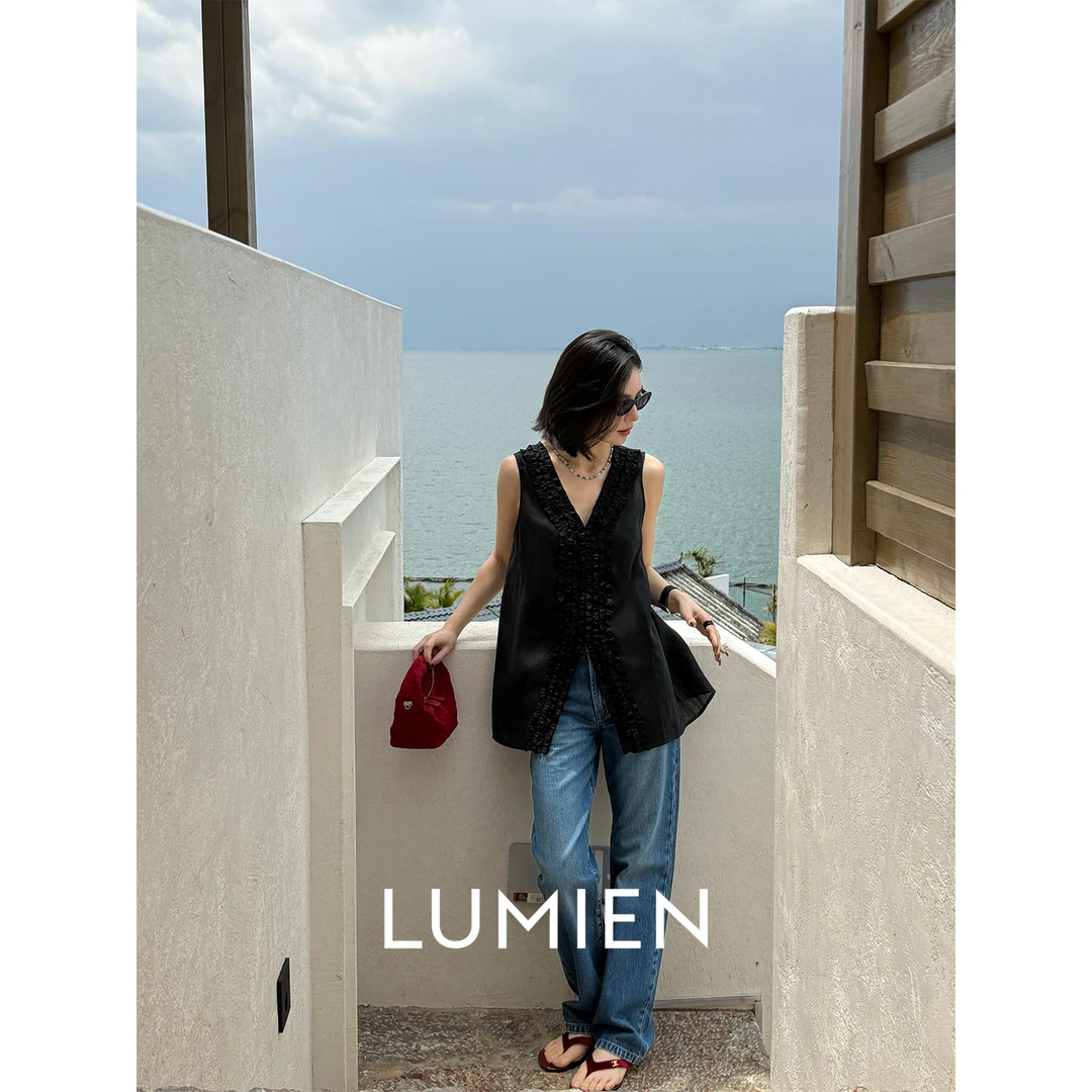 【LUMIEN】法式赫本风立体花瓣装饰天丝亚麻显瘦马甲上衣LX5DHH164