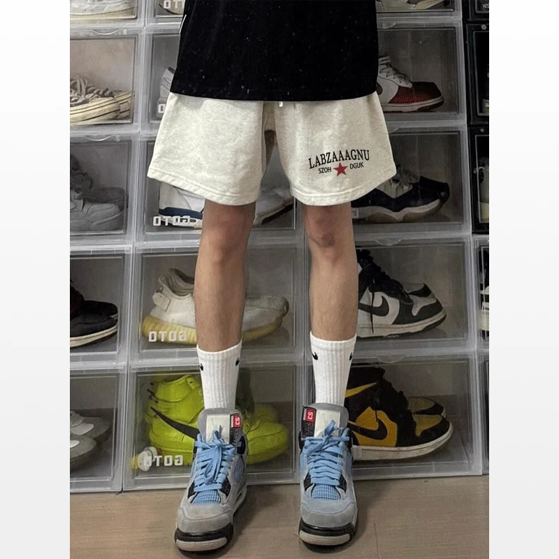 labzaa国潮简约字母印花抽绳运动短裤男创意夏潮牌休闲百搭五分裤