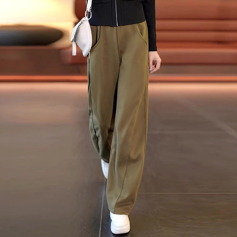 拉夏贝尔直筒运动裤子2025春秋款女香蕉裤高腰舒适百搭阔腿裤卫裤