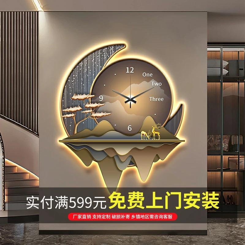 轻奢风餐厅装饰画创意钟表壁灯2025年新款客厅时钟挂画背景墙挂钟