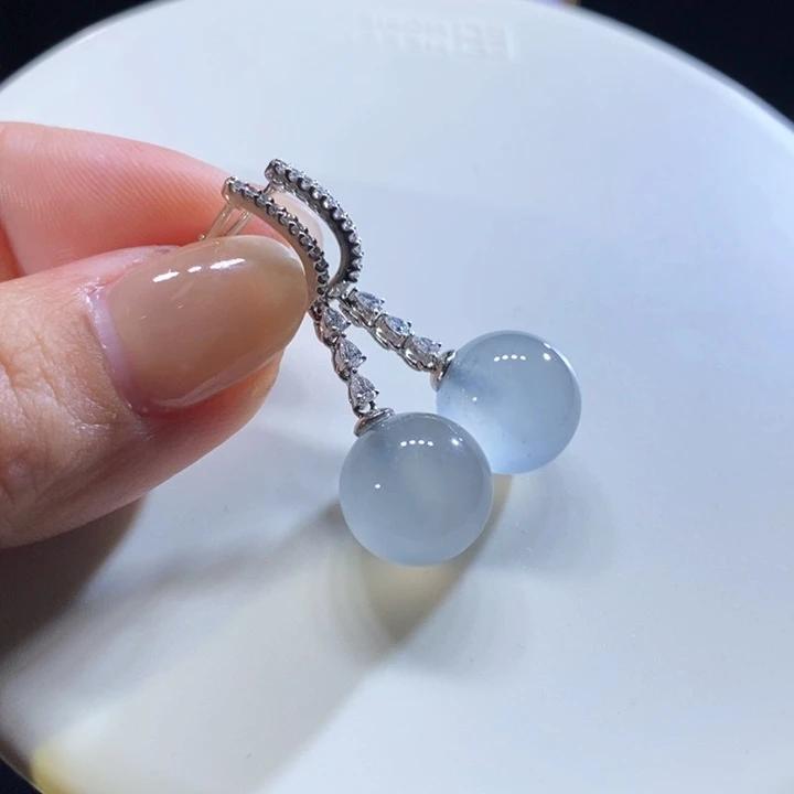 翡翠18K金镶嵌吊坠(不含链)翡翠高冰蓝珠耳坠
